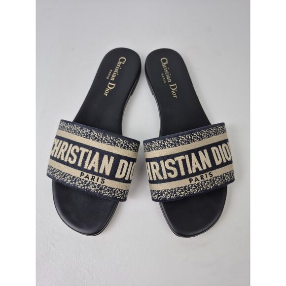 Dior Dway Women's Navy Blue Embroidered Cotton Slides Mules Size 37 - Picture 1 of 6